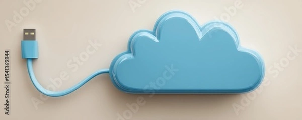Obraz A blue USB cable connects to a cloud-shaped device symbolizing cloud storage or cloud computing.