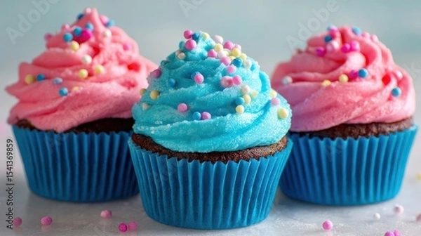 Obraz Three chocolate cupcakes with vibrant pink and blue frosting topped with colorful round sprinkles, presented in matching blue cupcake liners.