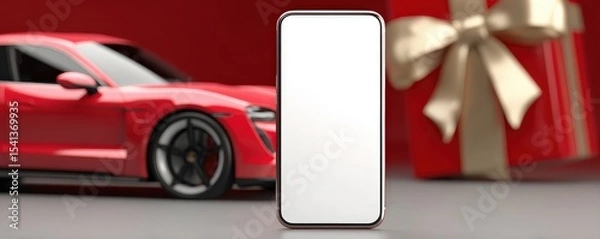 Obraz A sleek red sports car next to a blank smartphone screen and a gift box with a gold ribbon on a red background.
