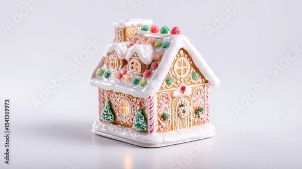 Obraz A beautifully decorated ceramic gingerbread house with colorful candy details and snow-like icing on the roof and windows.