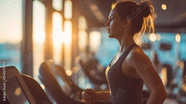 Obraz A focused woman runs on a treadmill in a softly lit gym, highlighting determination and fitness during a sunrise or sunset workout.