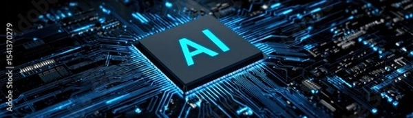 Fototapeta A close-up of a microchip labeled "AI" on a circuit board, symbolizing artificial intelligence technology and advanced computing.