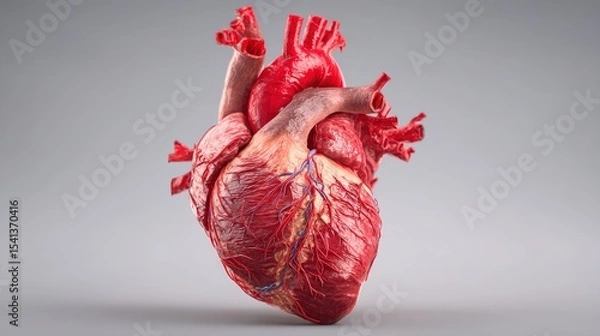 Obraz Realistic 3D illustration of a human heart showing detailed anatomy with arteries and veins on a gray background.
