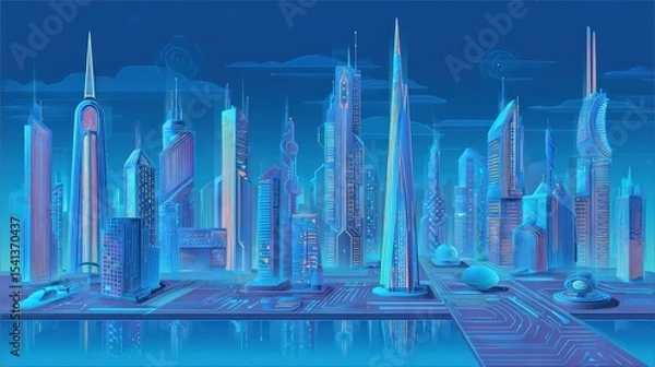 Obraz A futuristic cityscape with glowing skyscrapers and advanced architecture under a deep blue sky.