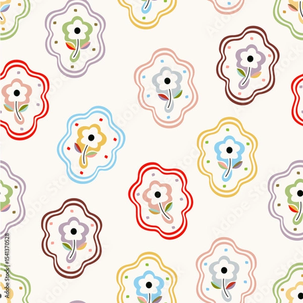 Fototapeta Multi Curves and Flowers Multicolored Patches Repeat Vector Abstract Pattern 