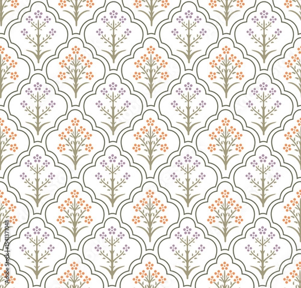 Fototapeta Multicolor Florals with Damask Boundary Block Print Repeat Vector Abstract Pattern 