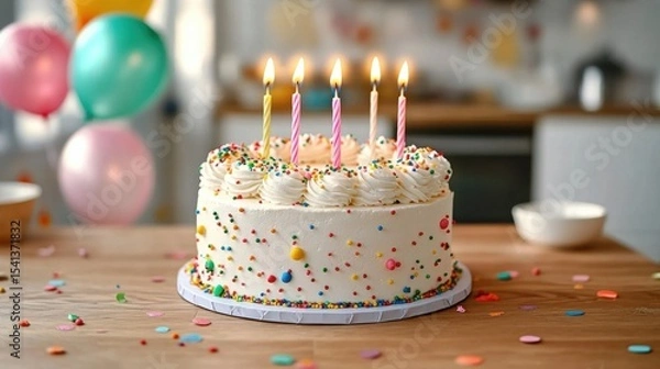 Obraz Colorful birthday cake with candles on wooden table in festive Celebration sprinkles