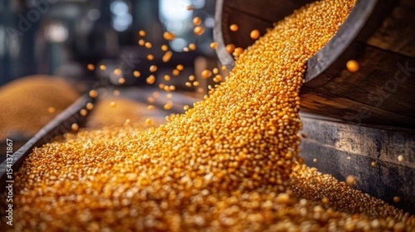 Obraz Close-up view of orange seeds cascading from bucket onto conveyor Fresh harvested Wheat falling