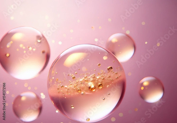 Obraz 球体の液体の中で気泡と金粉　複雑に成分イメージ　ピンク色