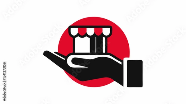 Fototapeta Hand holding a store front with red circle in the background in black and white minimal design