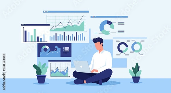 Fototapeta Man Analyzing Data on Laptop, Surrounded by Charts and Graphs