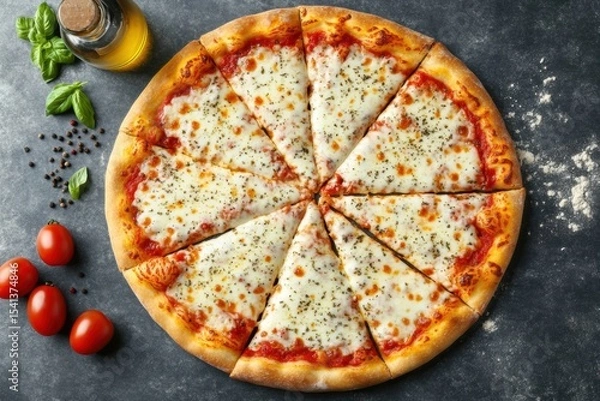 Obraz Delicious homemade pizza on textured background with cherry tomatoes, olive Italian four cheeses