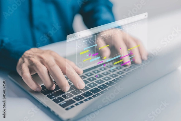Fototapeta Milestones management shows a Gantt timeline chart. Concept of managing business project plans in software, organizing schedules in digital calendars. progress planner, work update, diagram design
