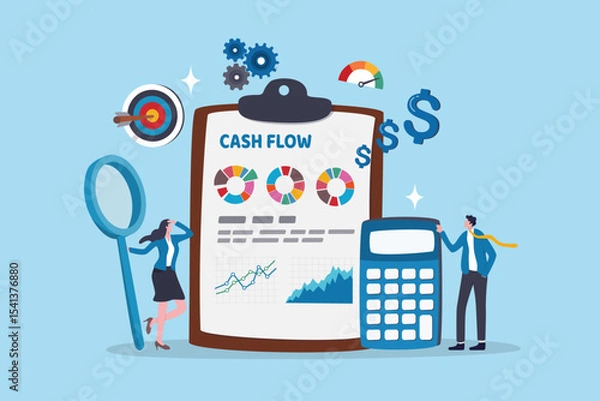 Obraz Cash flow money management, budget or account analysis, income or revenue vs expense, cost or investment, profit and loss, balance concept, business people analyze calculate cash flow graph and chart.