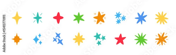 Obraz Doodle glitter twinkle star icons set. Hand drawn shine star burst symbol. Sketch magic blink collection. Color doodle spark shape icons. Vector illustration on white background.