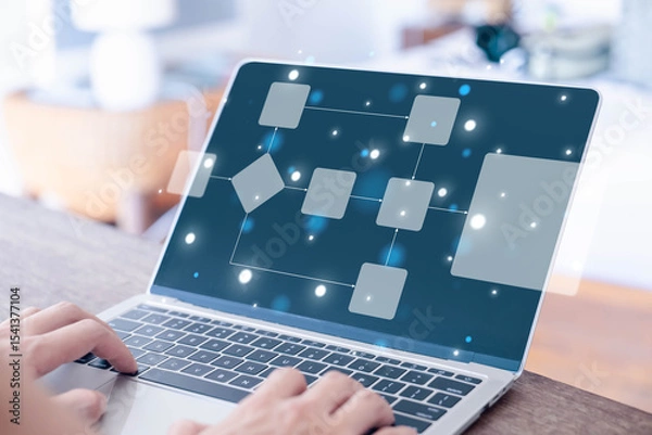 Fototapeta workflow process, programming to streamline strategy, and implement software. Concept of design for automation flowchart of business, model flow diagram of work. Scheme chart of the solution business