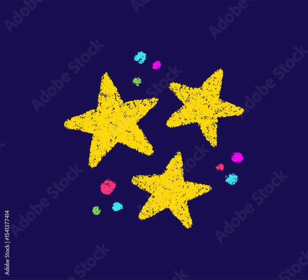 Obraz Crayon doodle stars symbol. Hand drawn firework pencil sketch. Chalk magic sparkle. Color crayon texture kid star. Vector illustration on white background.