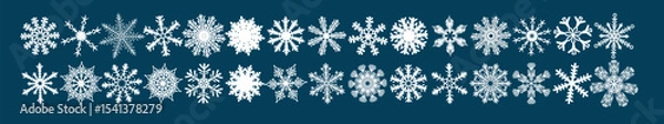 Obraz Collection of snowflake variations icons. Snowflakes white ice crystals on dark background. Symbol of winter. Christmas logo hand drawing. Not AI. Vector illustration.