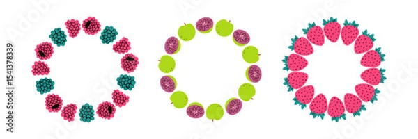 Obraz Fruit frame set. Different fruits design template, copy space. Cute hand drawn fruits round frame in doodle style. Circular template. Hand drawn fruits circle border.