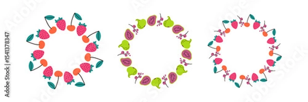Obraz Fruit frame set. Different fruits design template, copy space. Cute hand drawn fruits round frame in doodle style. Circular template. Hand drawn fruits circle border.