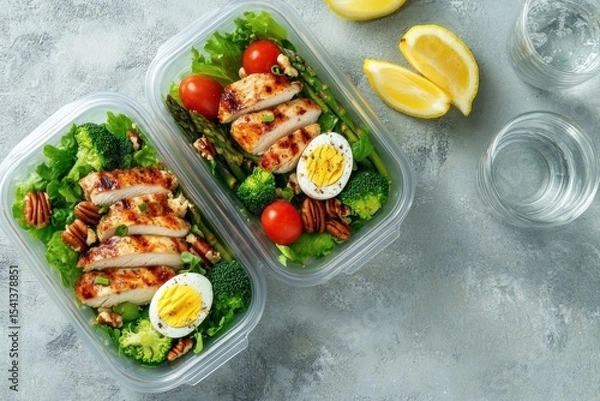 Obraz Fresh Salad with Grilled Chicken, Egg, and Pecans in Plastic Healthy meal prep containers green