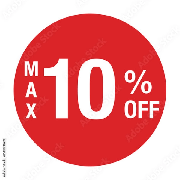 Obraz ”MAX10％OFF ”の文字入り　円形のベクターイラスト　赤色　白文字　背景透過
