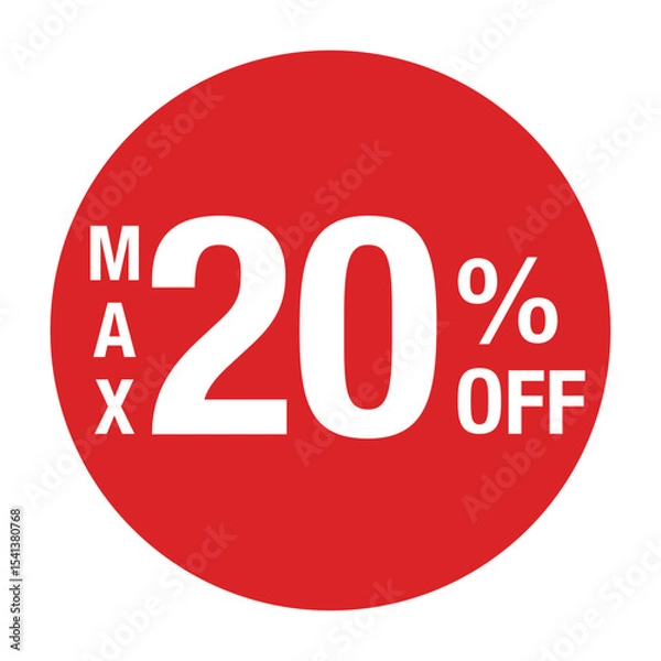 Obraz ”MAX20％OFF ”の文字入り　円形のベクターイラスト　赤色　白文字　背景透過
