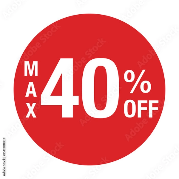 Obraz ”MAX40％OFF ”の文字入り　円形のベクターイラスト　赤色　白文字　背景透過
