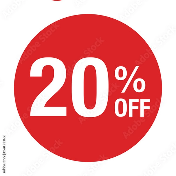 Obraz ”20％OFF ”の文字入り 円形のベクターイラスト　赤色　白文字　背景透過　
