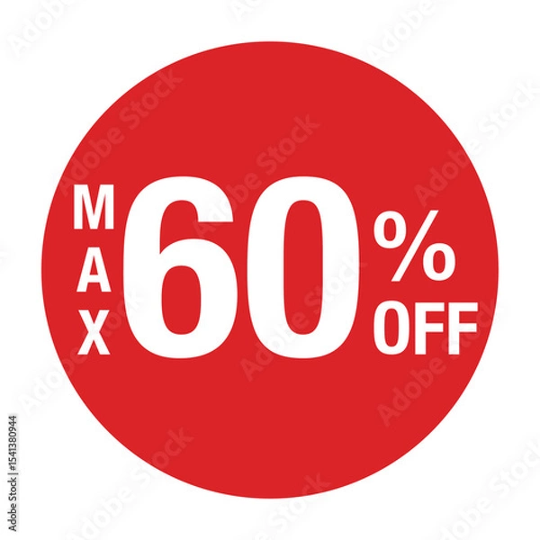 Obraz ”MAX60％OFF ”の文字入り　円形のベクターイラスト　赤色　白文字　背景透過

