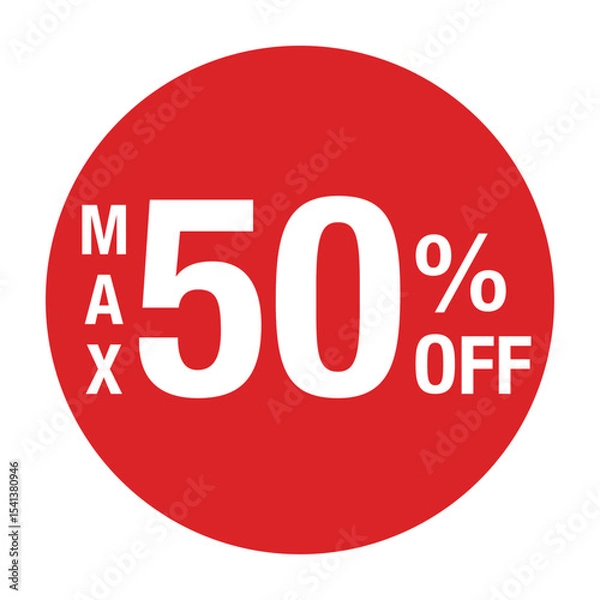 Obraz ”MAX50％OFF ”の文字入り　円形のベクターイラスト　赤色　白文字　背景透過
