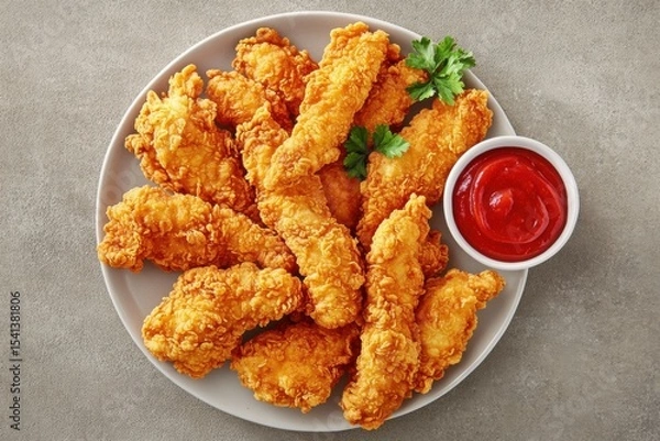Obraz Golden crispy fried chicken strips on gray textured background with Breaded tomato ketchup