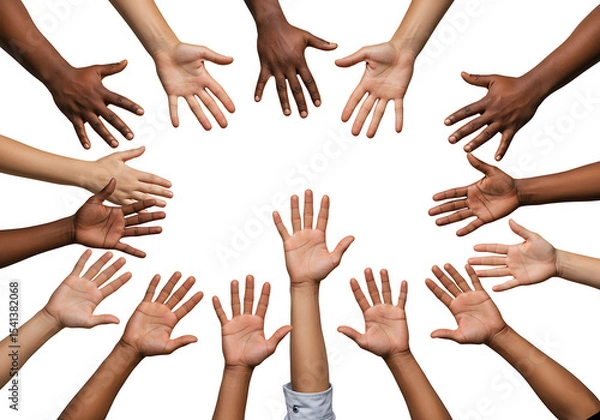 Obraz Diverse hands reaching up in unity circle