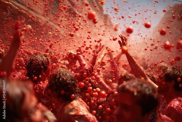 Fototapeta Vibrant celebration filled with tomato splashes and joyful parti