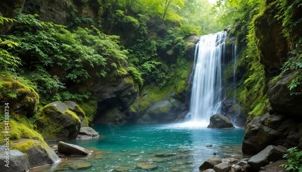 Obraz Tropical waterfall cascading into turquoise pool surrounded by lush greenery

