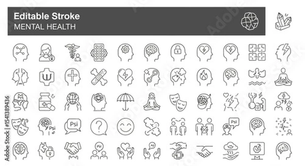Fototapeta Editable Stroke Mental Health Icon Set 50+ Line Icons for Wellness and Wellbeing
