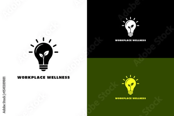 Fototapeta lightbulb with a small sprouting leaf inside vector illustration, logo for creativity, green energy, corporate wellness, employee health, coaching, positive, workplace wellness, and more