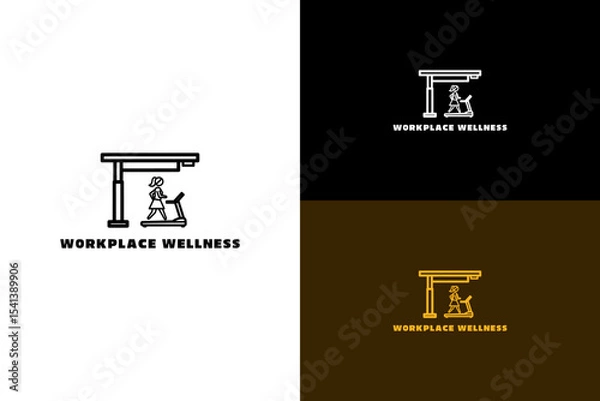 Fototapeta illustration of standing desk with a female walking on a treadmill, vector logo for employee health, fitness, coaching, office wellness, positive environment, workplace wellness, and more