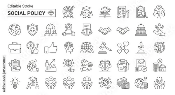 Fototapeta Editable Stroke Social Policy Icon Set 40 Line Icons for Government, Welfare, and Community Initiatives