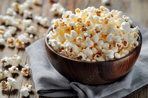 Obraz Rustic wooden bowl filled with fluffy white popcorn