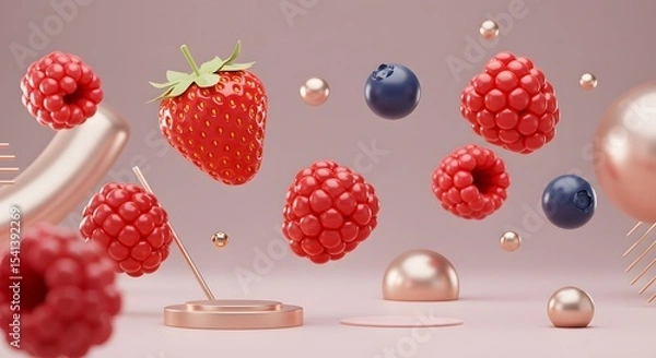 Obraz Vibrant Strawberry and Raspberry 3D Render with Abstract Rose Gold Elements