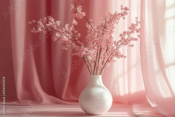 Obraz Soft Pastel Pink Floral Arrangement in Elegant White Vase with Smooth Gradient Background