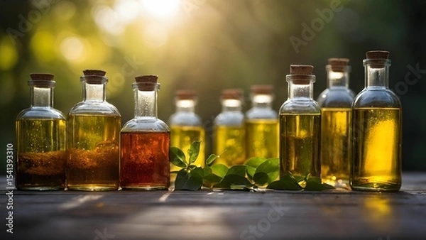 Fototapeta Assorted bottles of aromatic oils placed on a wooden table surrounded by greenery during golden hour, showcasing natural beauty and organic essence Generative AI