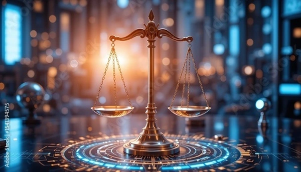 Fototapeta Digital balancing scale justice, fairness in modern technology environment. Holographic scales balance on illuminated datum background of AI circuitry, 32k resolution