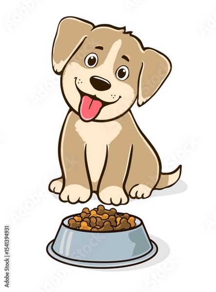 Obraz Illustration of a cute puppy with floppy ears and a light brown coat. The puppy is sitting with its tongue out, appearing happy. In front of the puppy is a bowl filled with brown dog food.