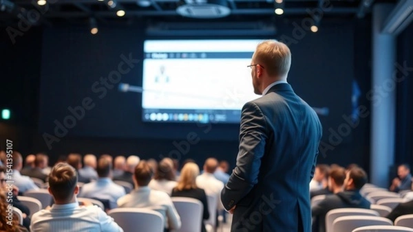 Obraz A conference attendee watches a presentation on a large screen. A room with a professional audience, a stage and visual slides. Ideal for illustrating business communication.