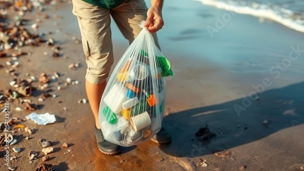 Obraz A volunteer collects plastic waste on a dirty beach, helping to clean up the coast. The scene reflects environmental concerns and the importance of participating in nature conservation.