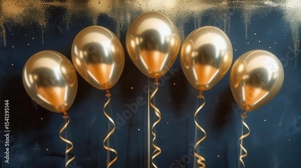 Obraz Five golden satin-sheen balloons float against a dark, luxurious texture with shimmer. Rhythmic ribbons create movement. An atmosphere of celebration and sophistication.