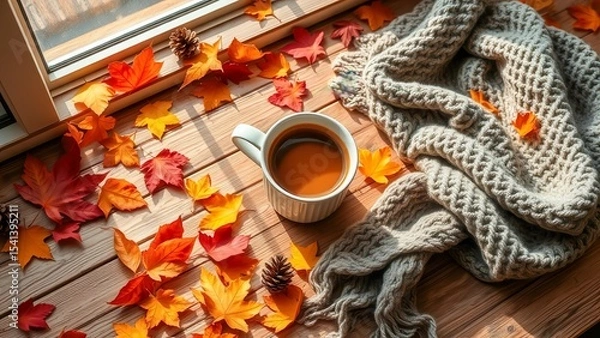 Obraz Autumn flatlay with a cup of coffee and colorful leaves creates an atmosphere of coziness and warmth. Soft light and warm shades emphasize the mood of autumn.