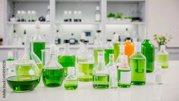 Obraz Chemical glassware with bright green liquid forms a clean minimalist scene. Laboratory aesthetics. Used in beauty and pharmaceutical advertising.